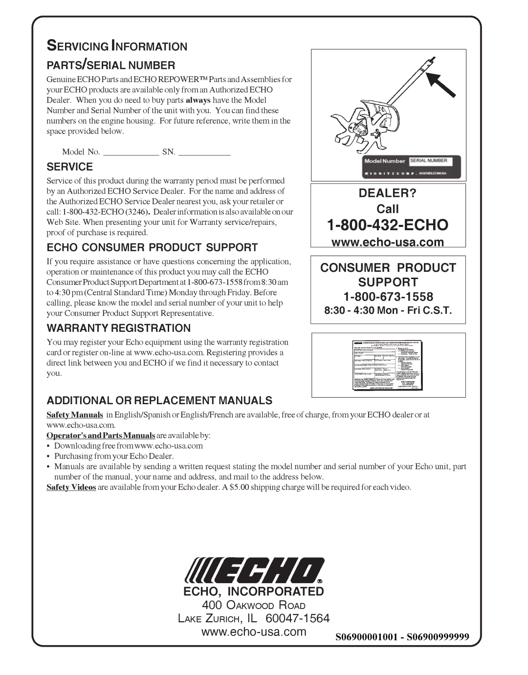 Echo 99944200513 manual Servicing Information PARTS/SERIAL Number, Service, Echo Consumer Product Support 