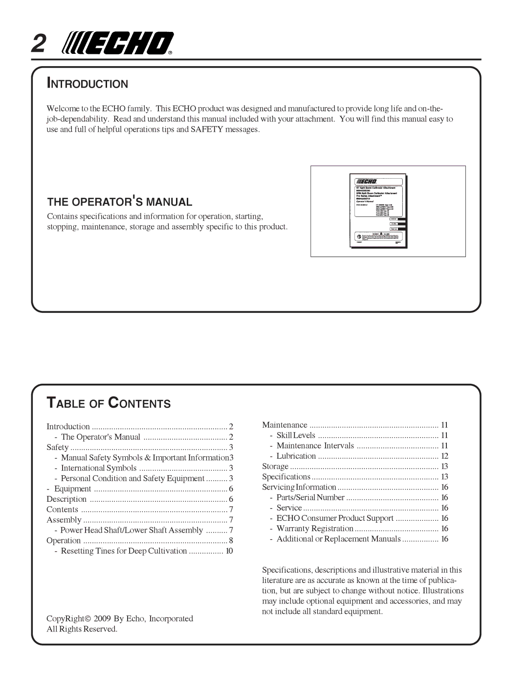 Echo 99944200513 manual Introduction, Operators Manual, Table of Contents 