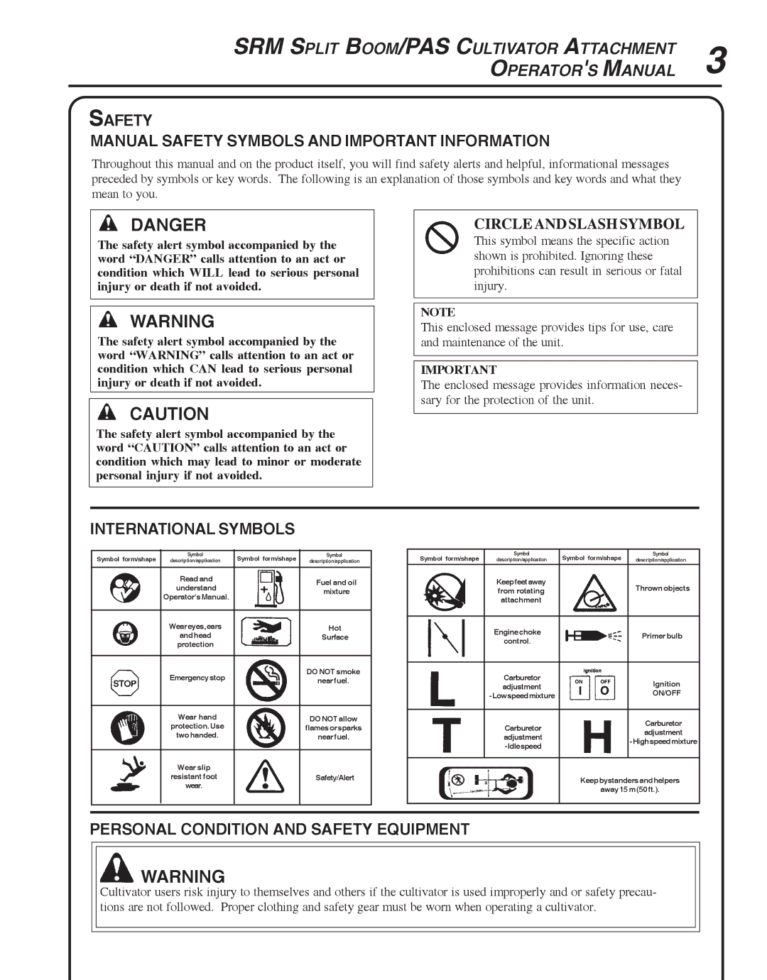 Echo 99944200513 manual Safety Manual Safety Symbols and Important Information, International Symbols 