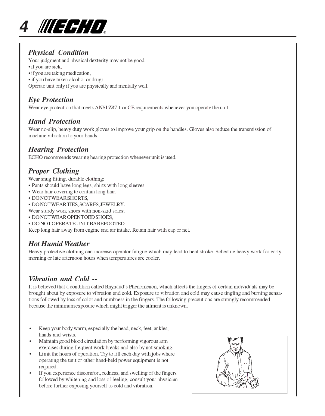 Echo 99944200513 manual Physical Condition, Eye Protection, Hand Protection, Hearing Protection, Proper Clothing 