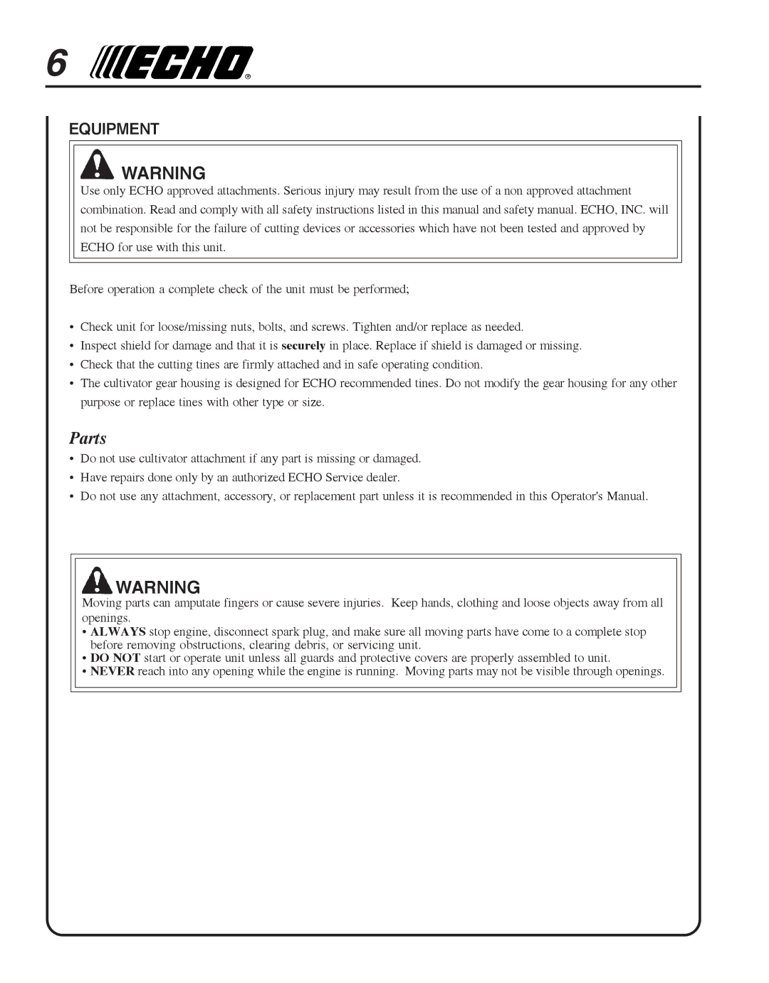 Echo 99944200513 manual Parts, Equipment 