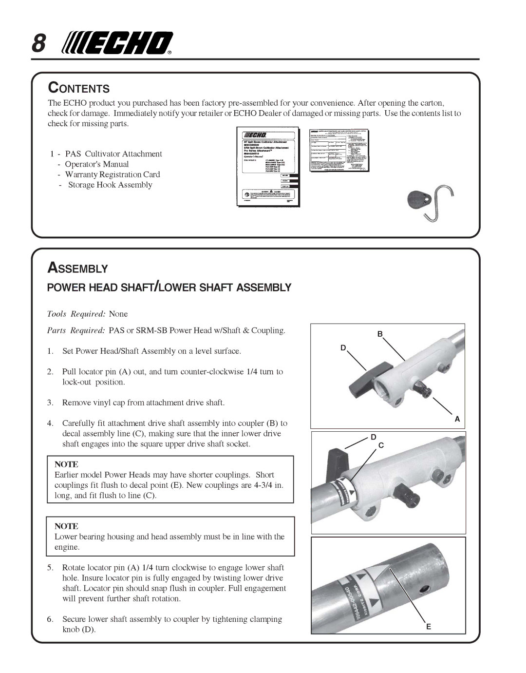 Echo 99944200513 manual Contents, Assembly Power Head SHAFT/LOWER Shaft Assembly 