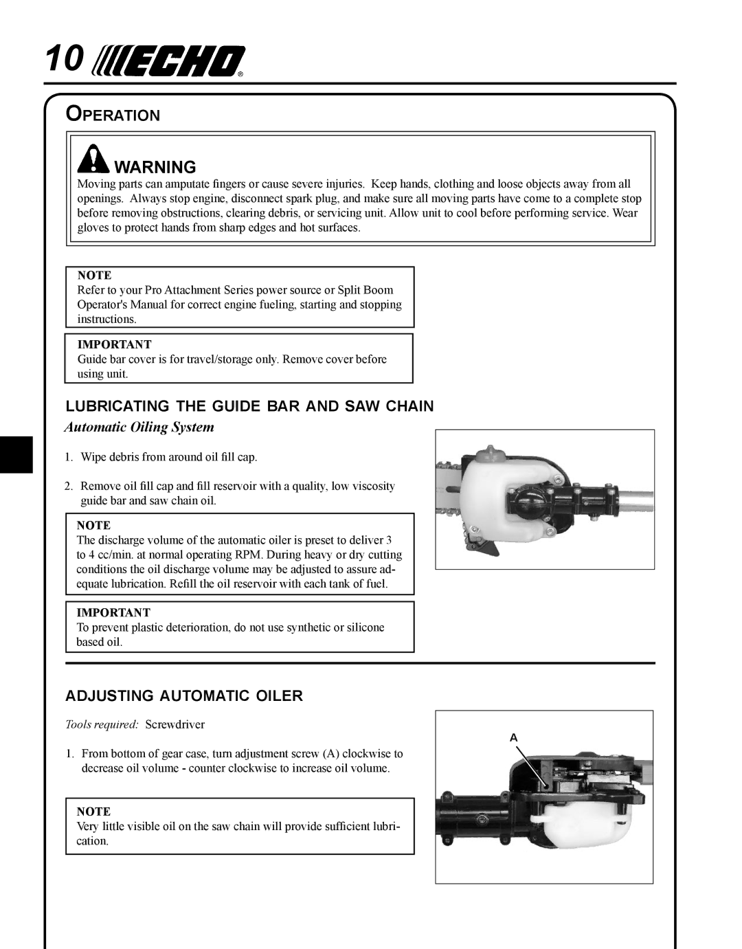 Echo 99944200532 Operation, Lubricating the guide bar and saw chain, Adjusting automatic oiler, Automatic Oiling System 