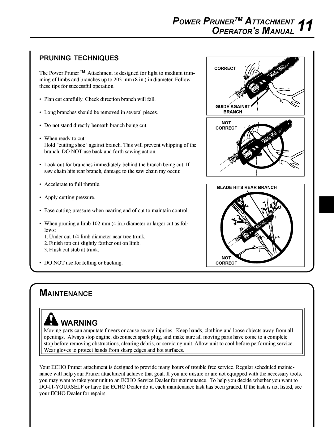 Echo 99944200532 manual Power PrunerTM Attachment 11 Operators Manual, Pruning techniques, Maintenance 