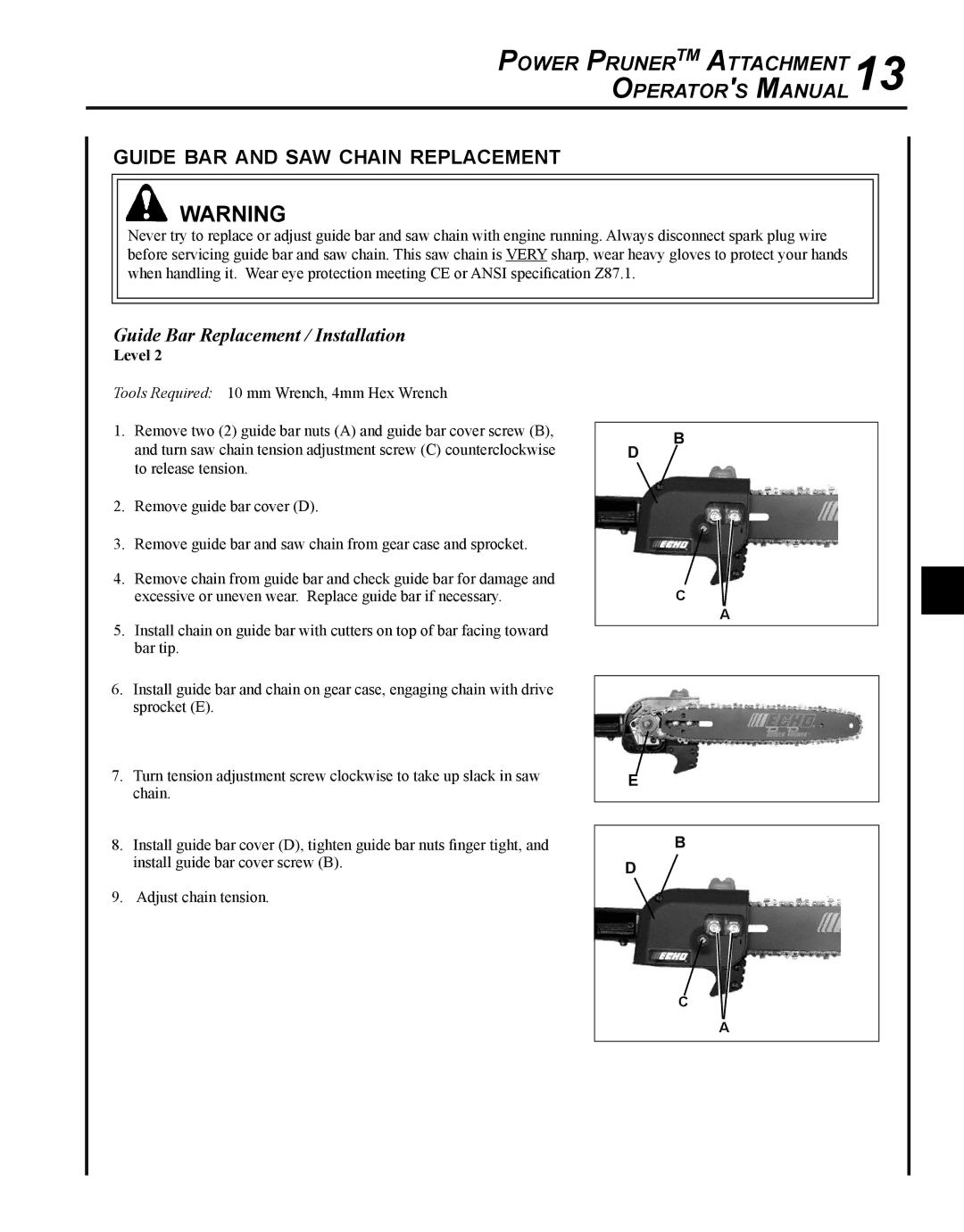 Echo 99944200532 manual Power PrunerTM Attachment Operators Manual, Guide bar and saw chain replacement 