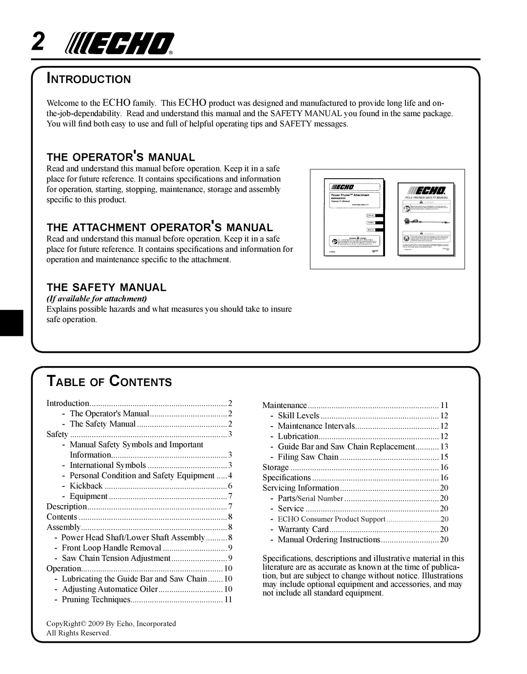 Echo 99944200532 Introduction, Operators manual, Attachment operators manual, Safety manual, Table of Contents 