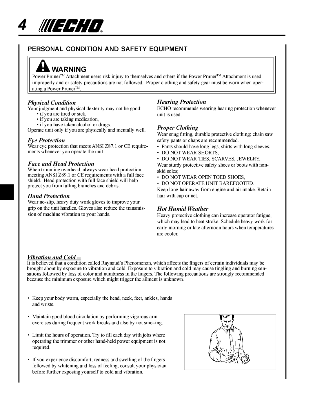 Echo 99944200532 manual Personal condition and safety equipment 