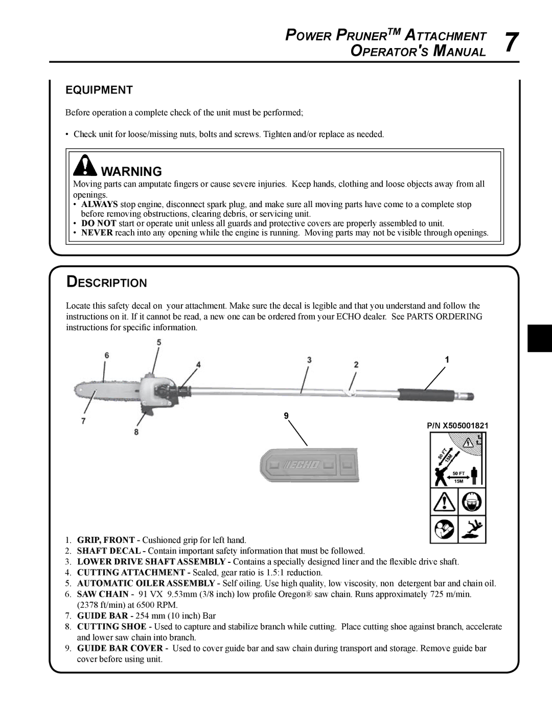 Echo 99944200532 manual Equipment, Description 