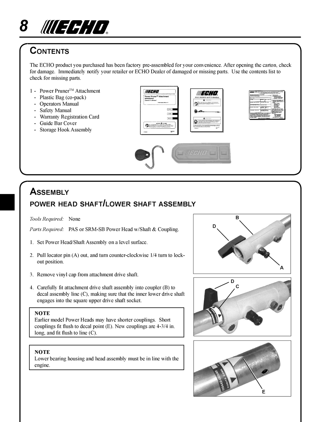 Echo 99944200532 manual Contents, Assembly Power head shaft/lower shaft assembly 