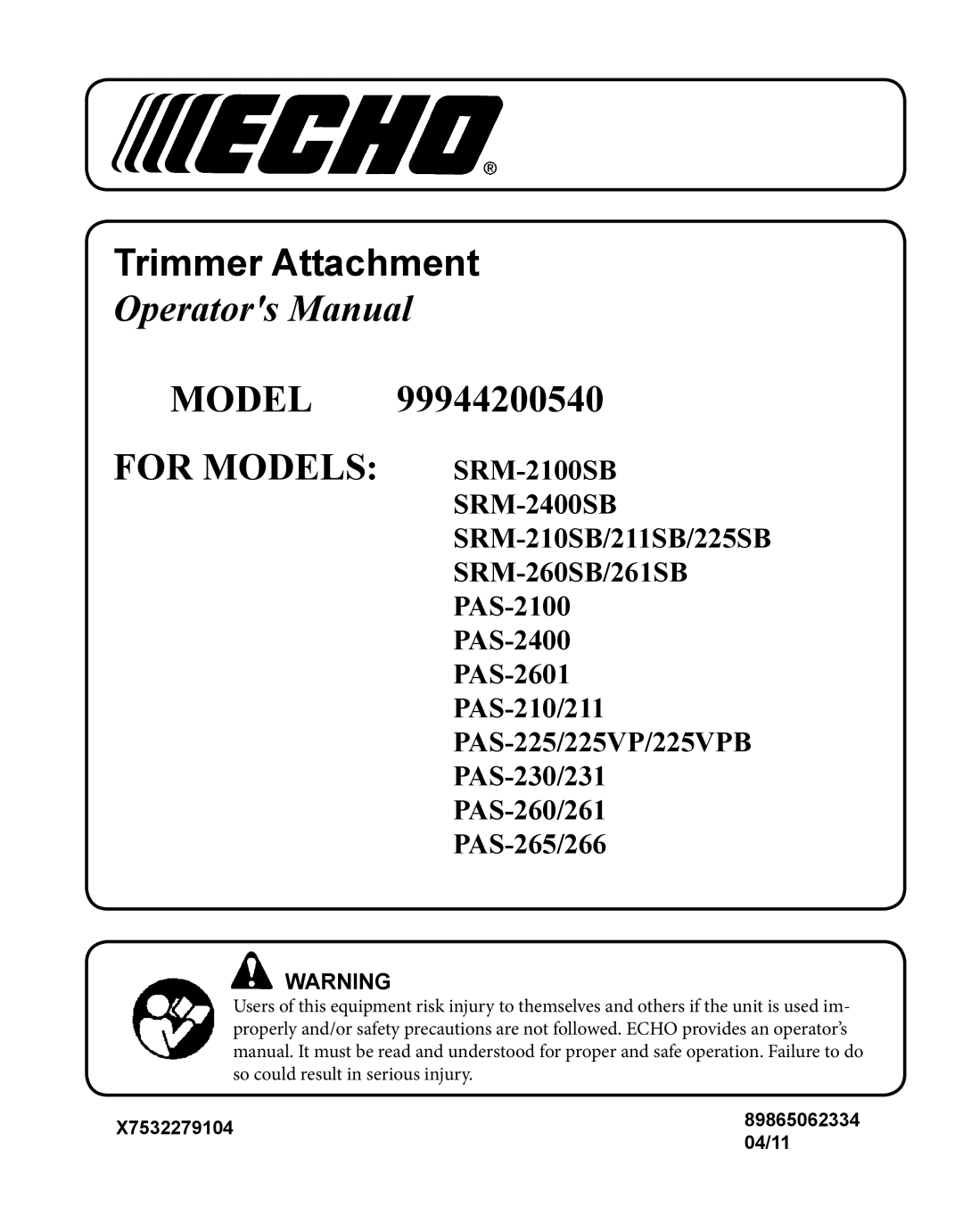 Echo 99944200540 manual Trimmer Attachment 