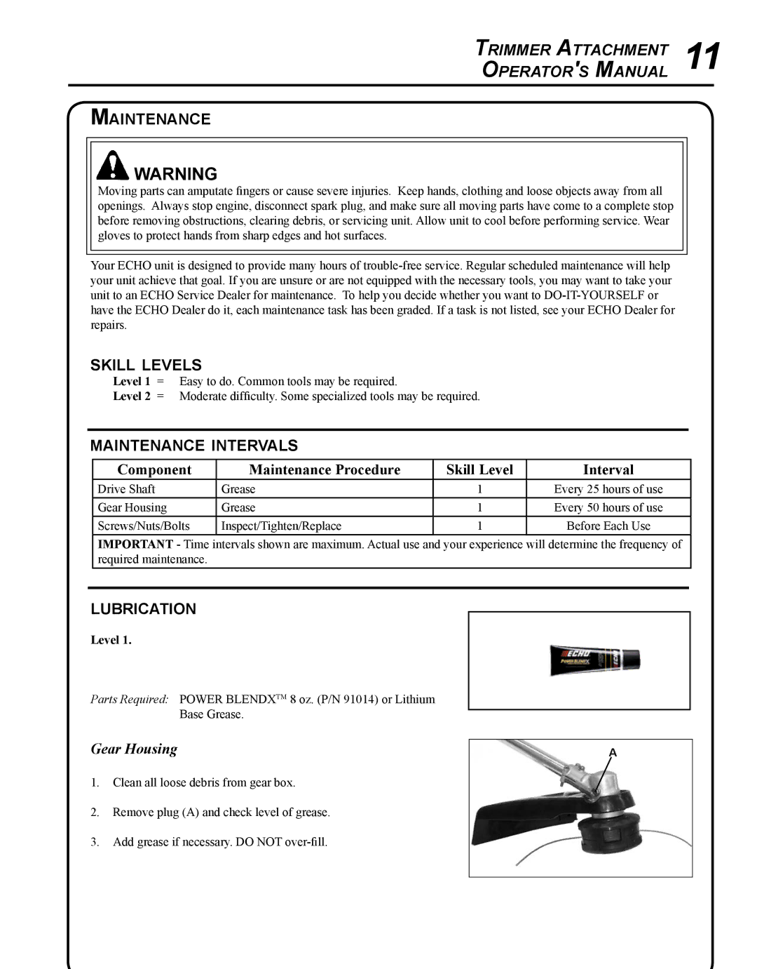 Echo 99944200540 manual Skill levels, Maintenance intervals, Lubrication, Gear Housing 