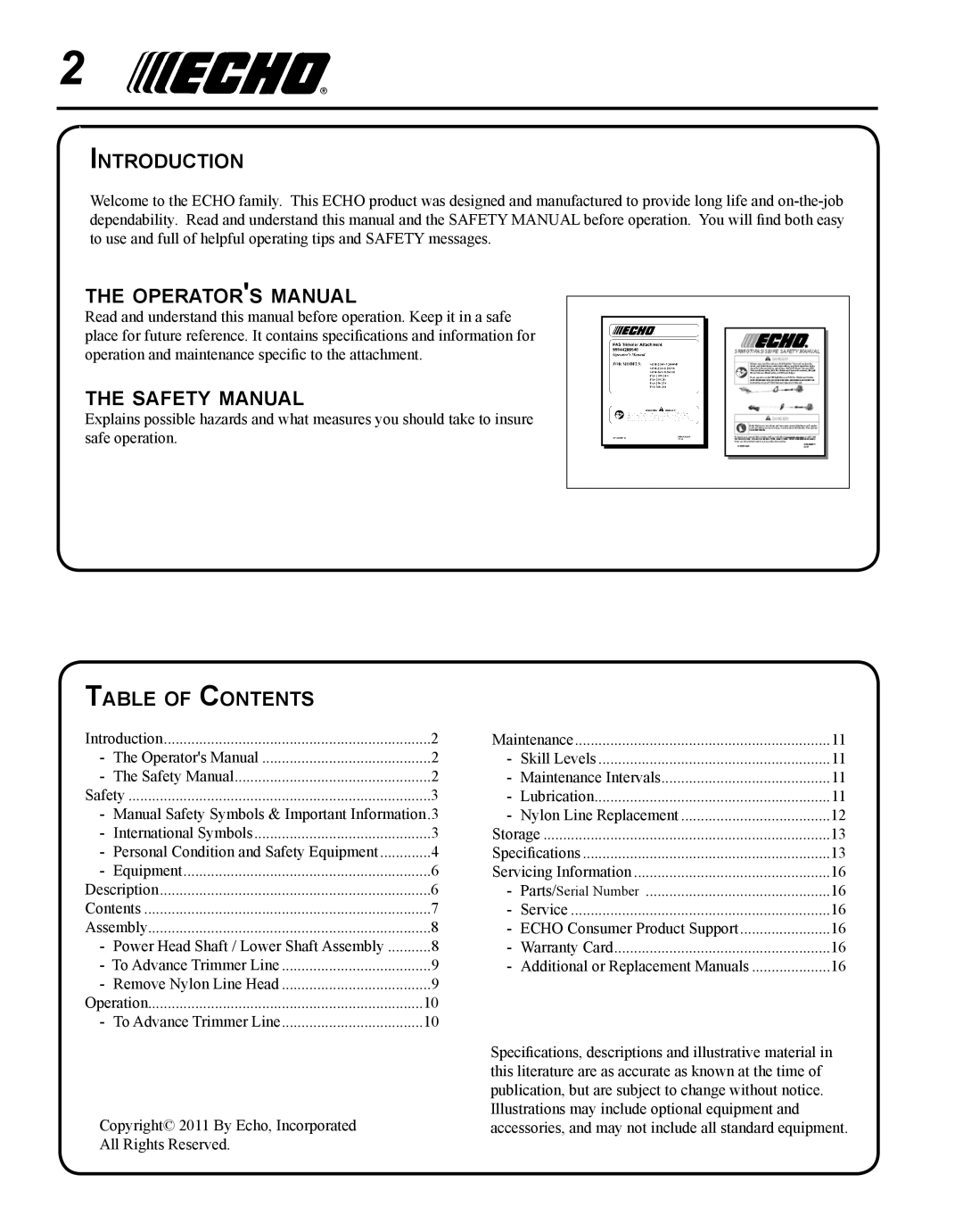 Echo 99944200540 Introduction, Operators manual, Safety manual, Table of Contents 