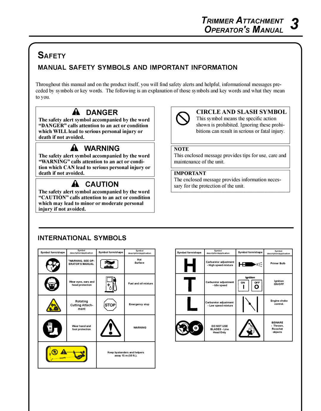 Echo 99944200540 manual Safety Manual safety symbols and important information, International symbols 