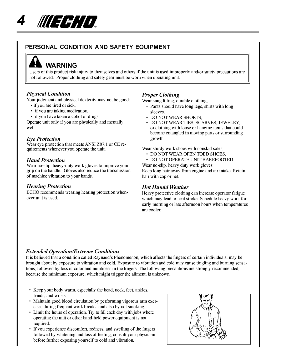 Echo 99944200540 manual Personal condition and safety equipment 