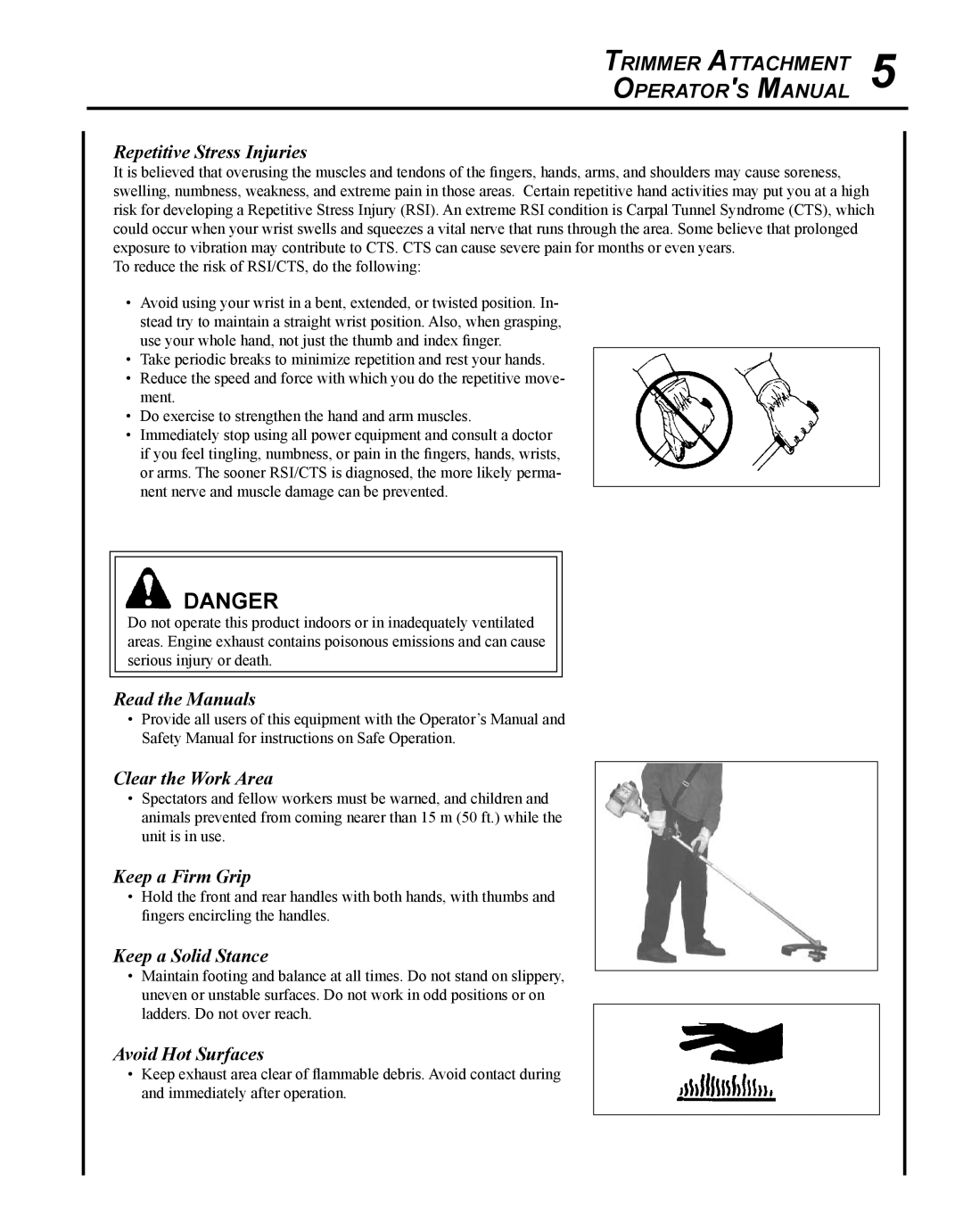 Echo 99944200540 Repetitive Stress Injuries, Read the Manuals, Clear the Work Area, Keep a Firm Grip, Keep a Solid Stance 