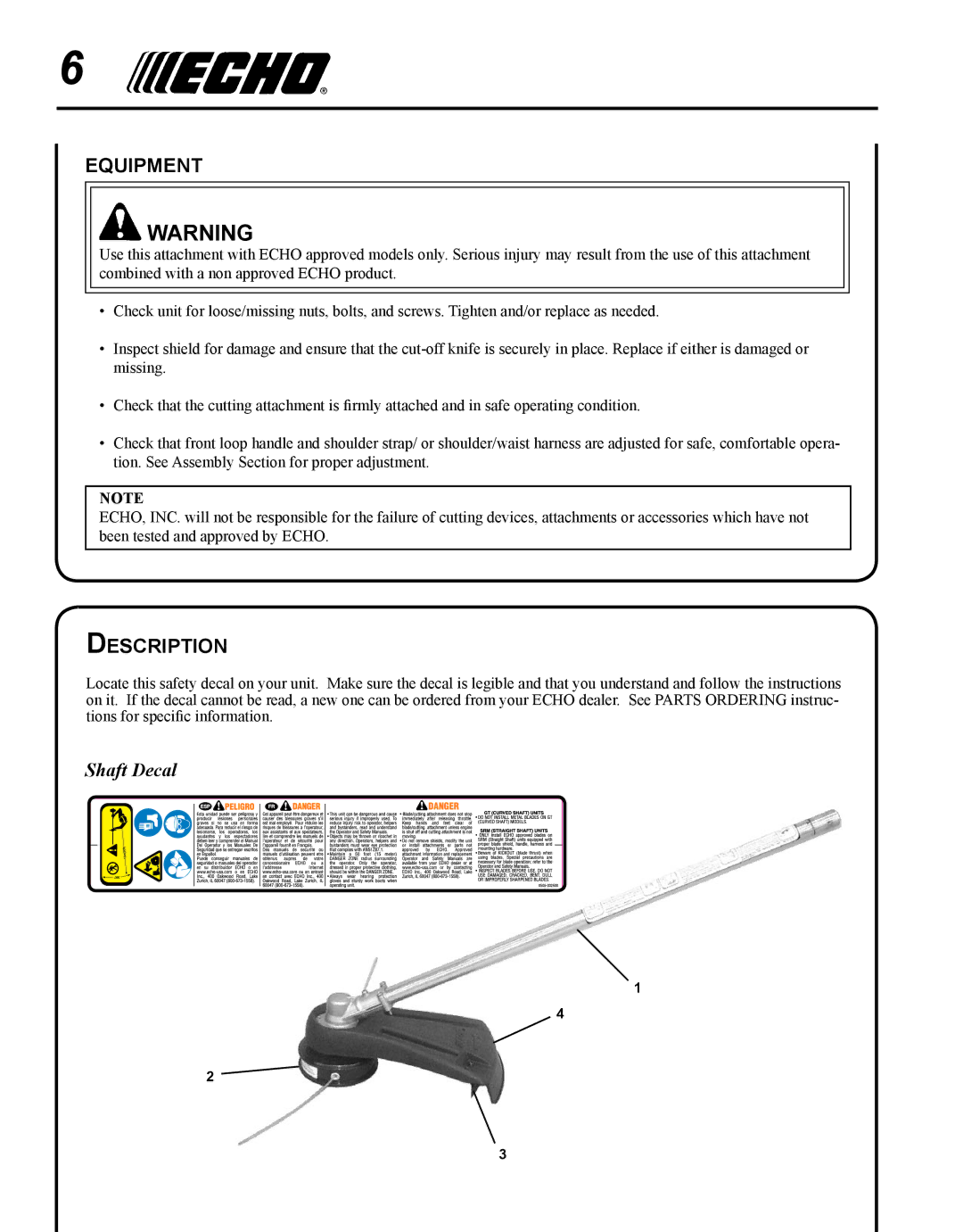 Echo 99944200540 manual Equipment, Description, Shaft Decal 