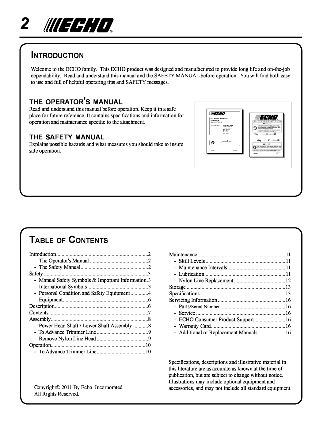 Echo 99944200540 Introduction, the operators manual, the safety manual, Table of Contents 