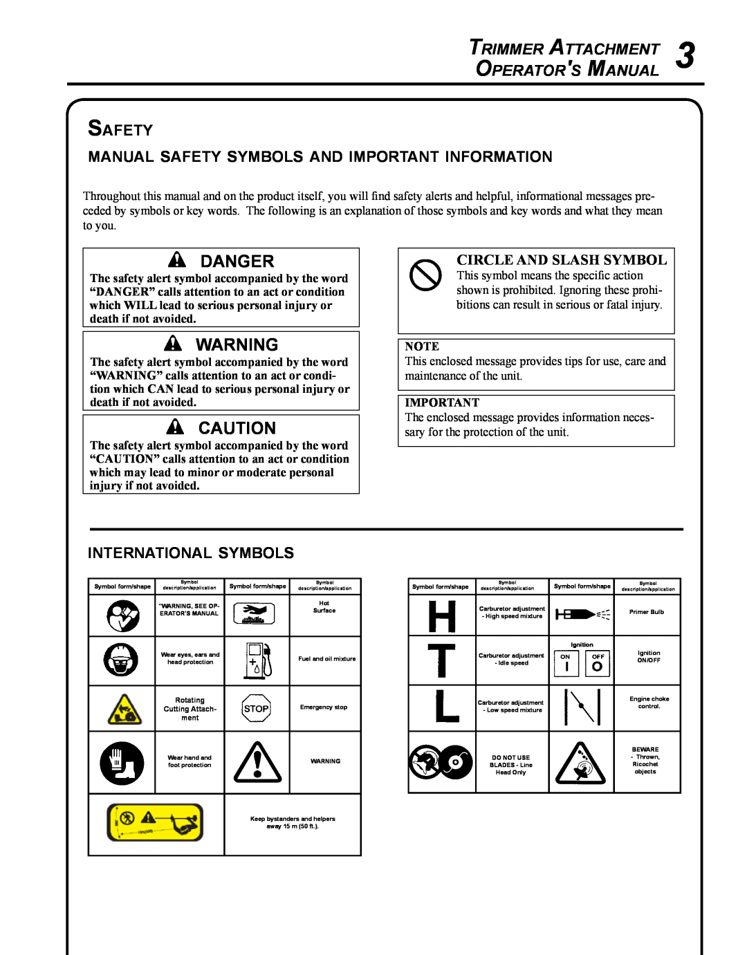 Echo 99944200540 Danger, Trimmer Attachment Operators Manual, Safety manual safety symbols and important information 
