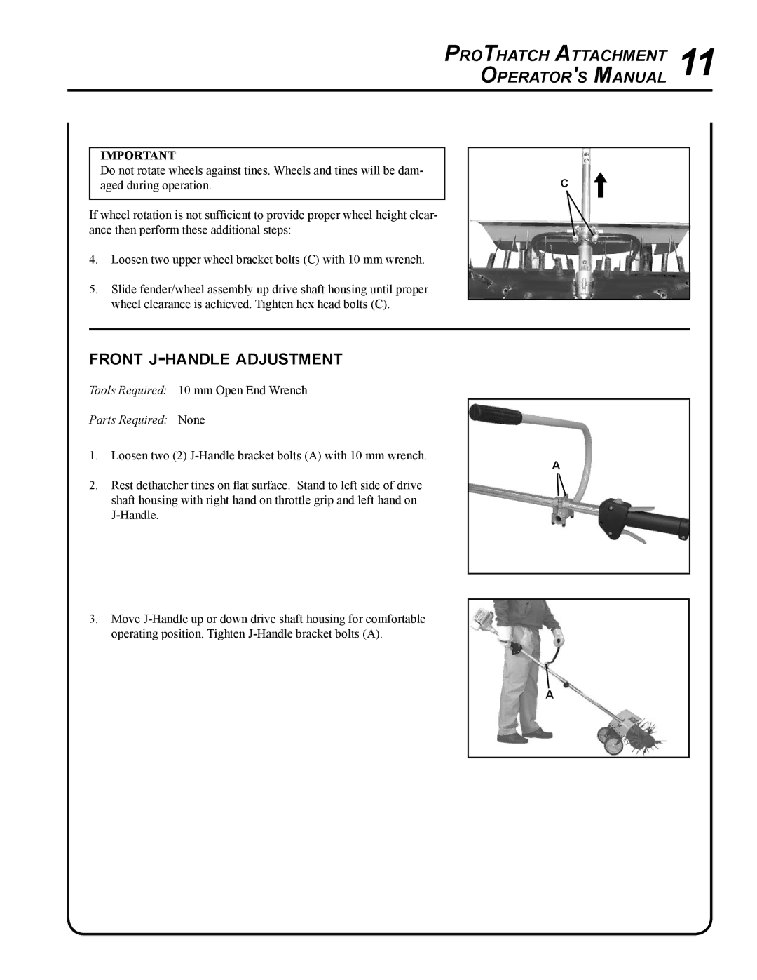 Echo 99944200563 manual Front j-handle adjustment, Parts Required None 