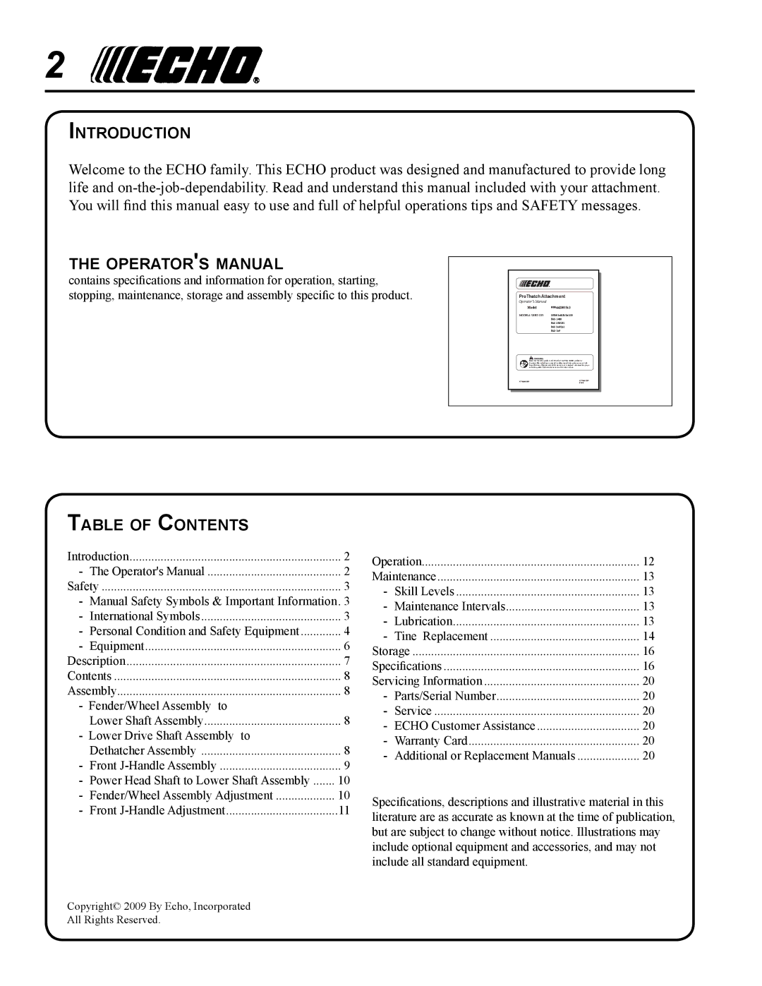 Echo 99944200563 Introduction, Operators manual, Table of Contents 