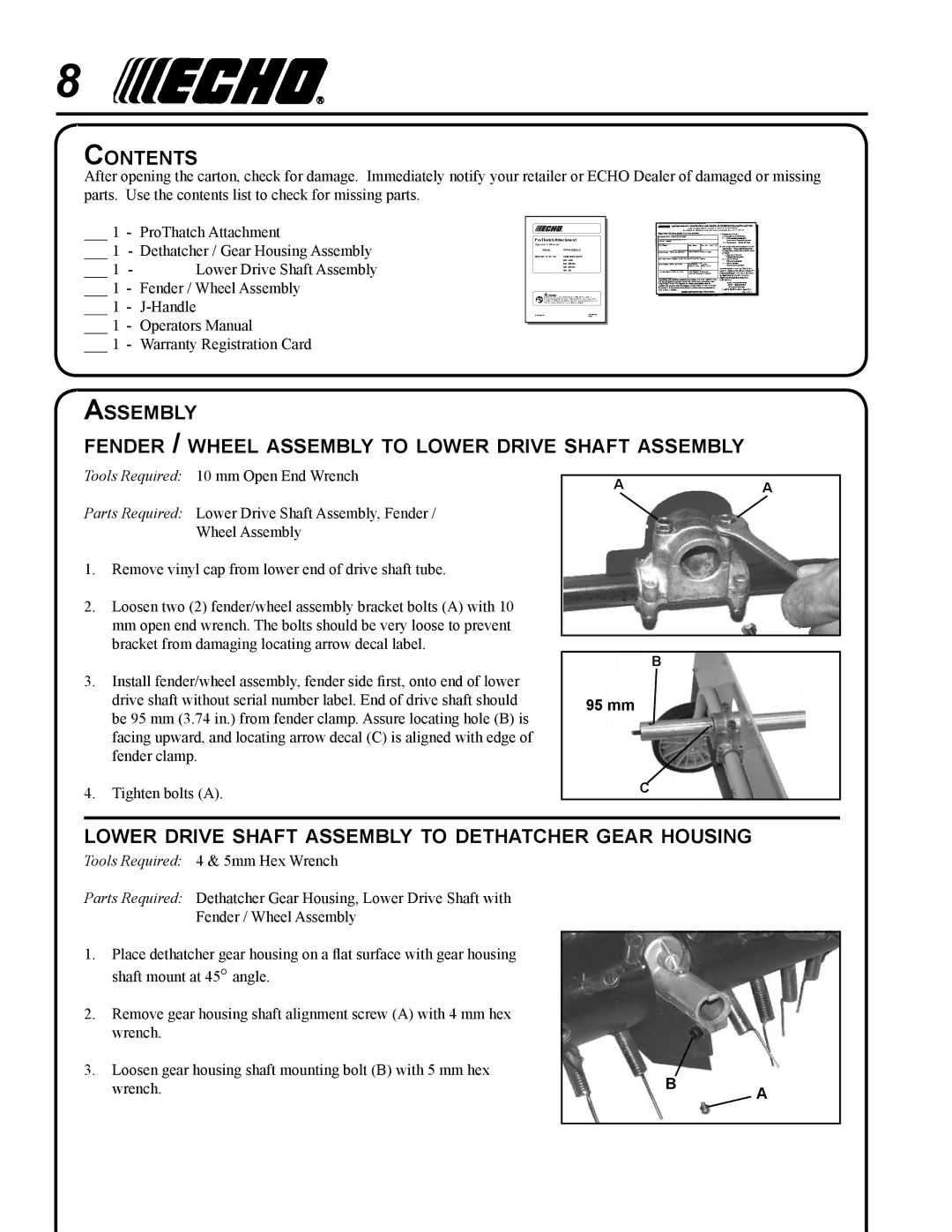 Echo 99944200563 manual Contents, Lower drive shaft assembly to dethatcher gear housing 