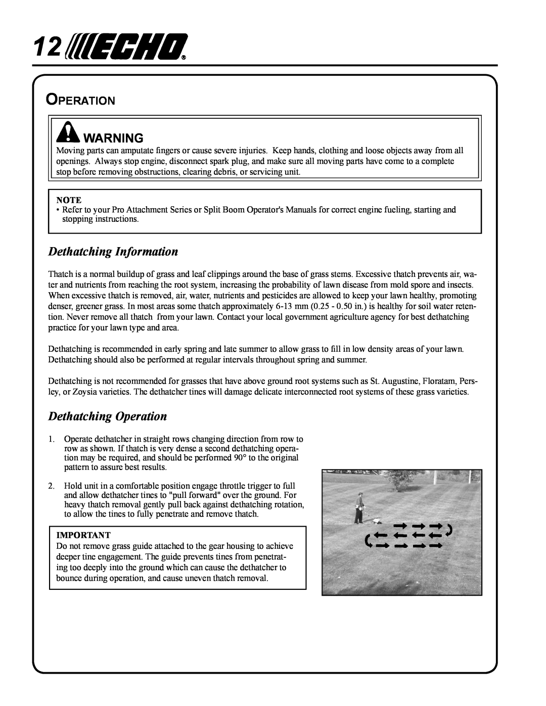 Echo 99944200563 manual Dethatching Information, Dethatching Operation 