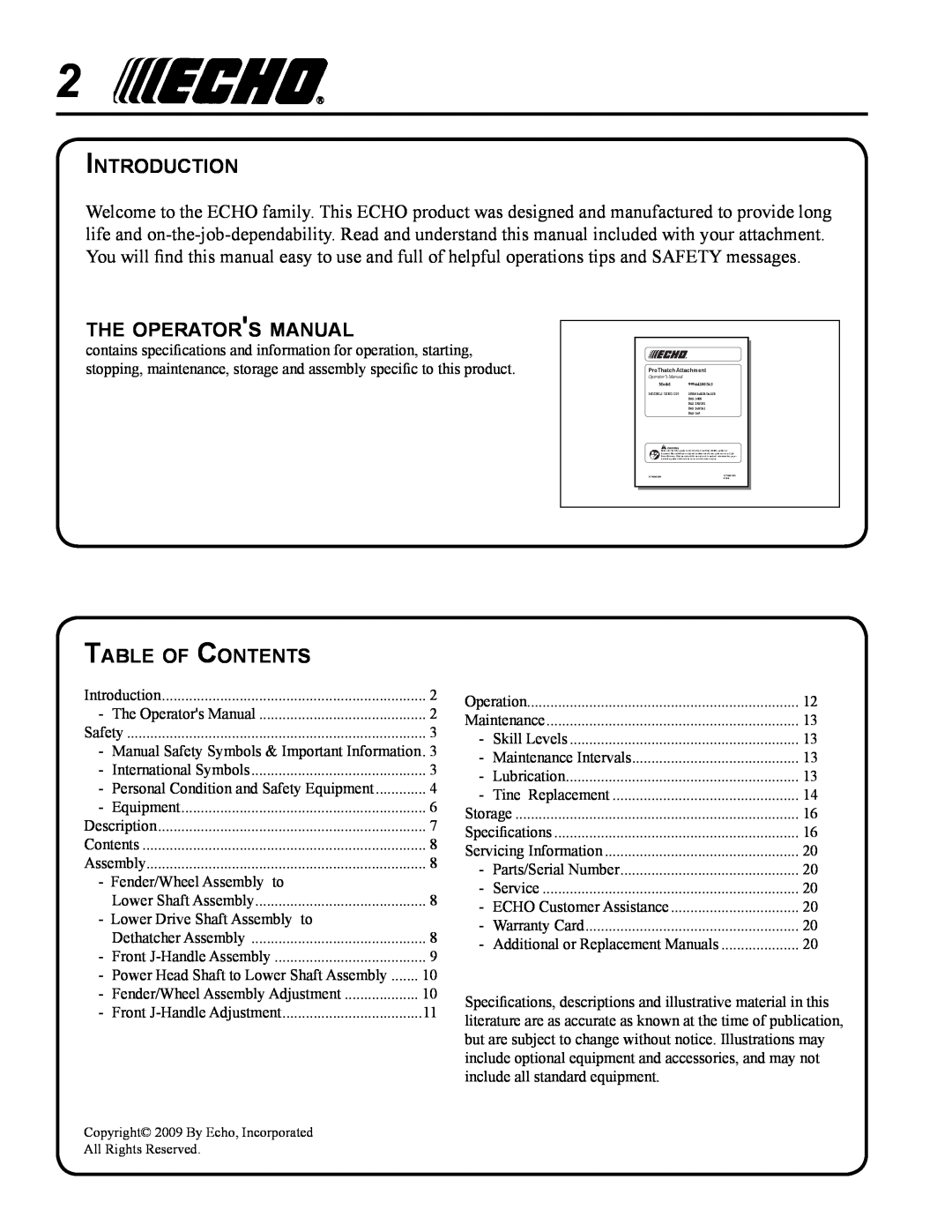 Echo 99944200563 Introduction, the operators manual, Table of Contents 