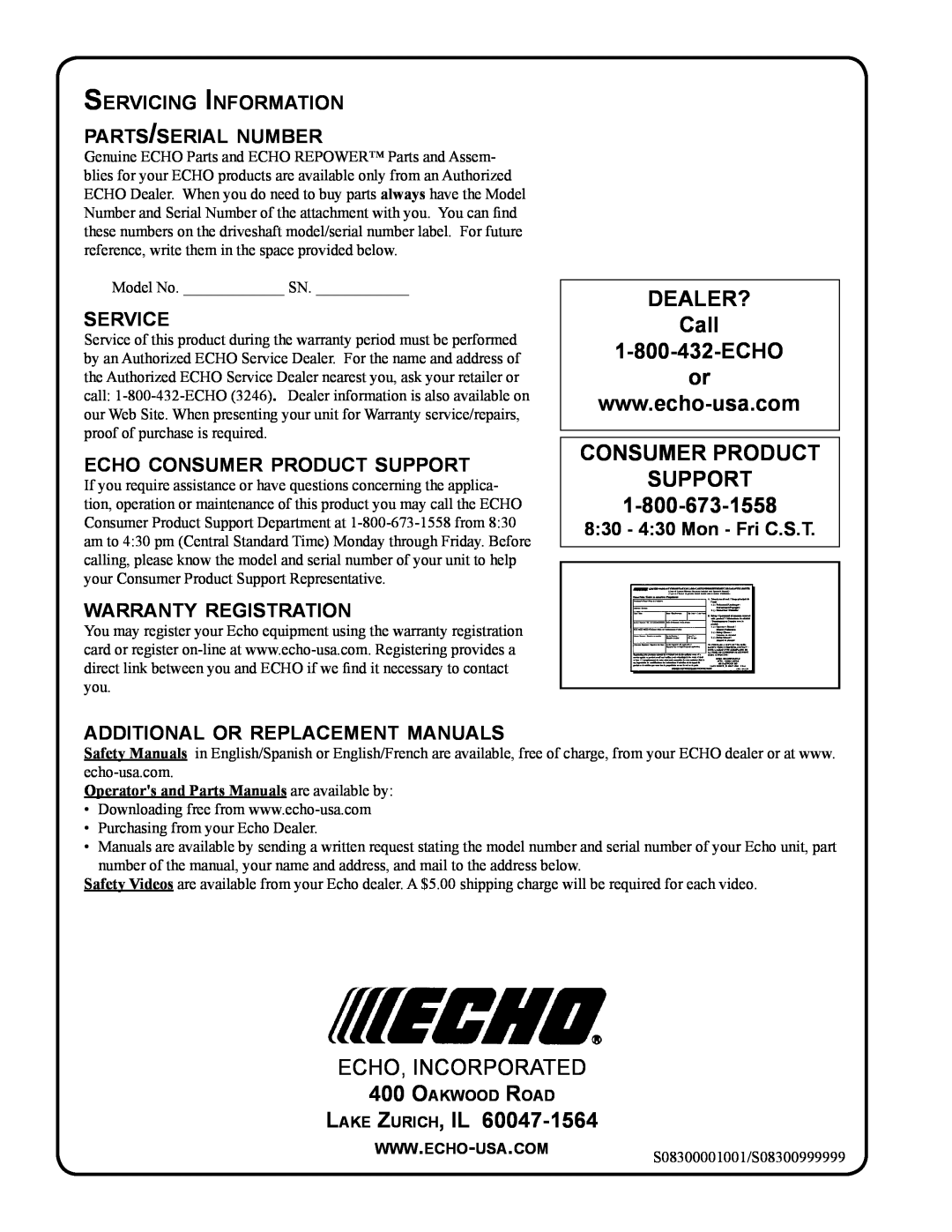 Echo 99944200563 manual Lake Zurich, IL, Servicing Information parts/serial number, service, echo consumer product support 