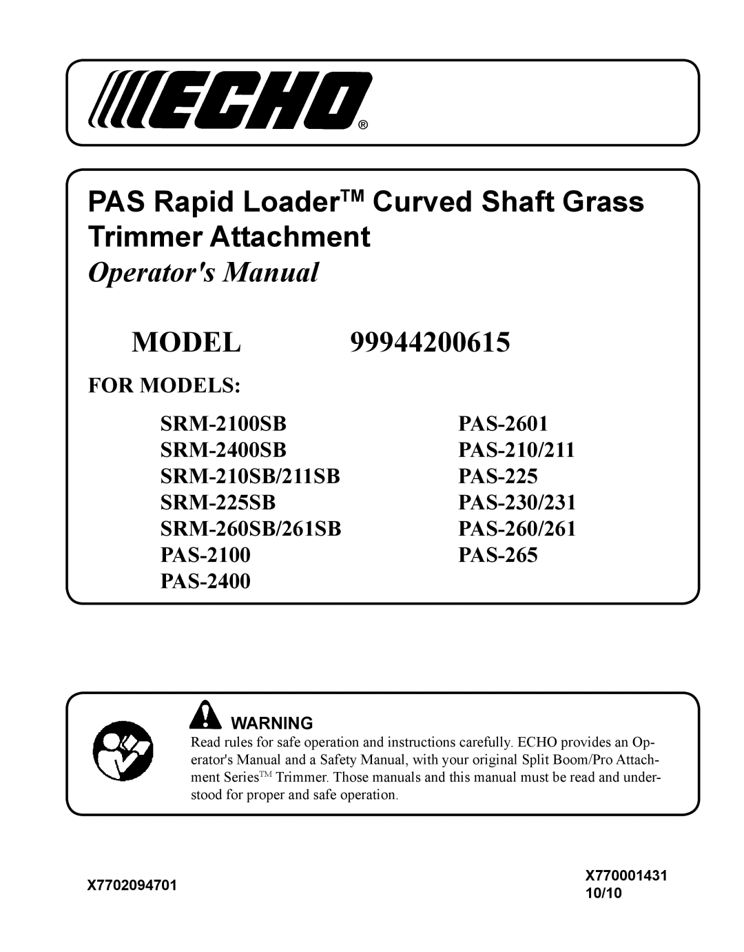 Echo 99944200615 manual PAS Rapid LoaderTM Curved Shaft Grass Trimmer Attachment 