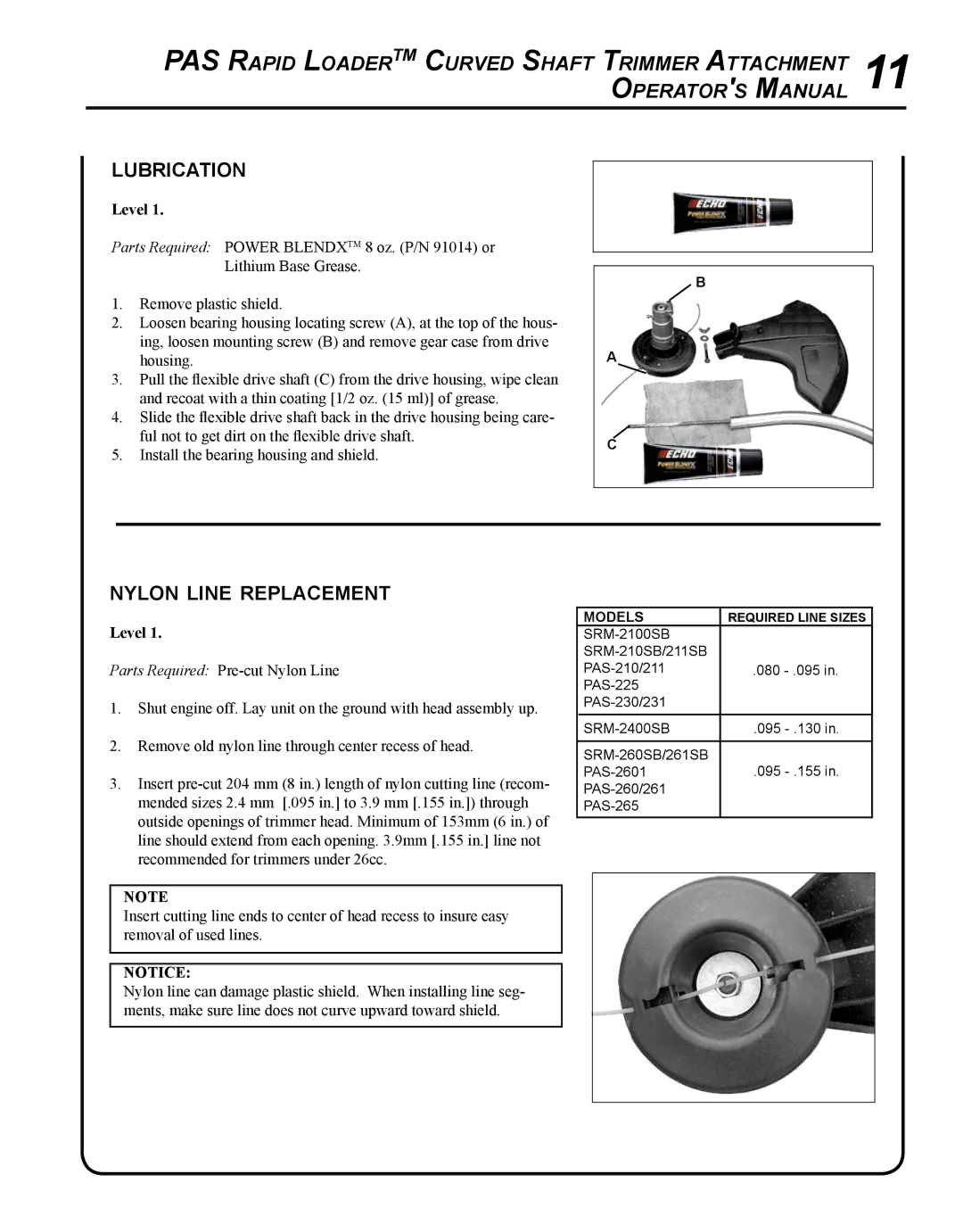 Echo 99944200615 manual Lubrication, Nylon line replacement 