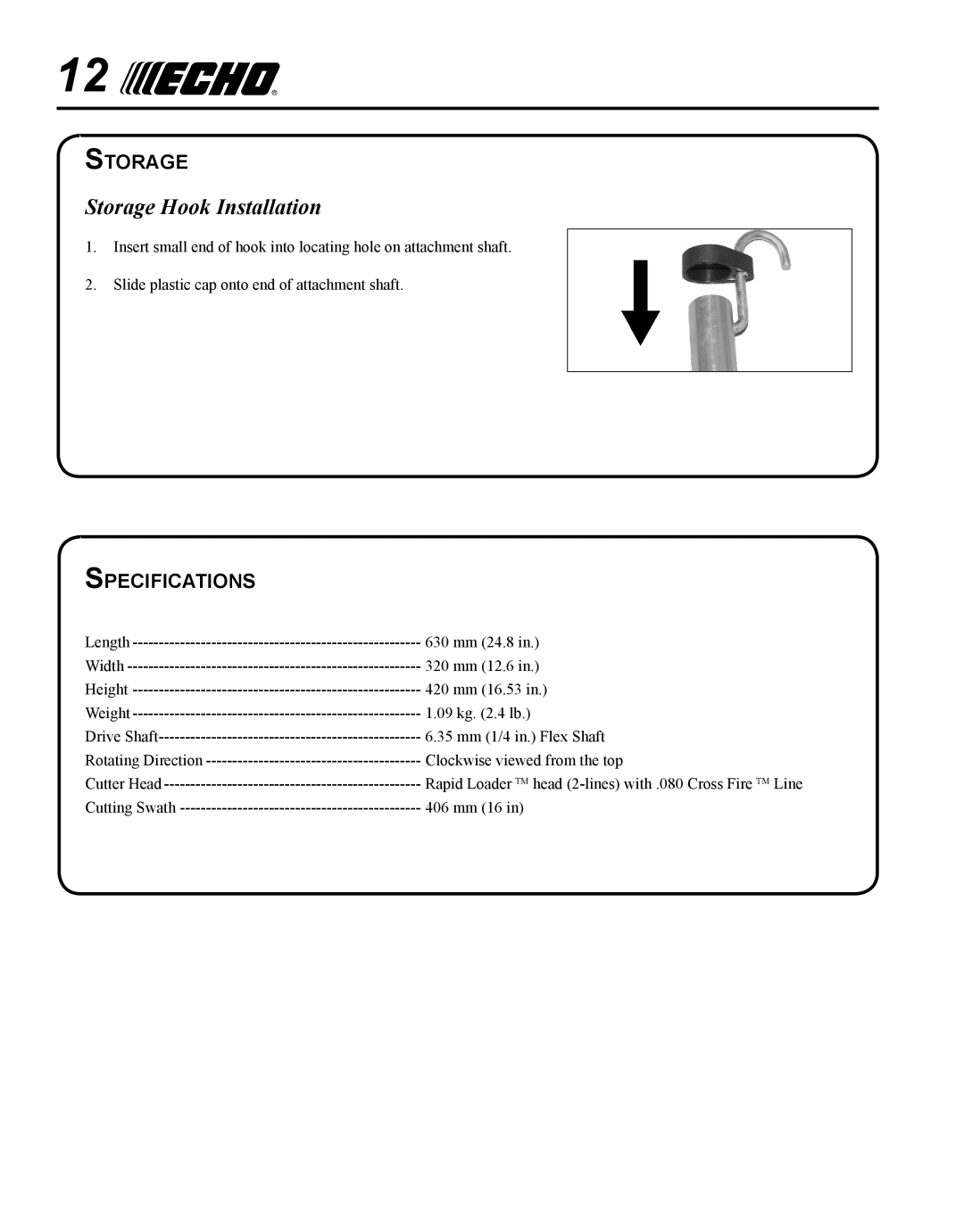 Echo 99944200615 manual Storage, Specifications 