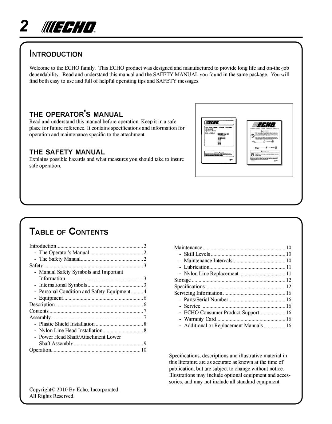 Echo 99944200615 Introduction, Operators manual, Safety manual, Table of Contents 