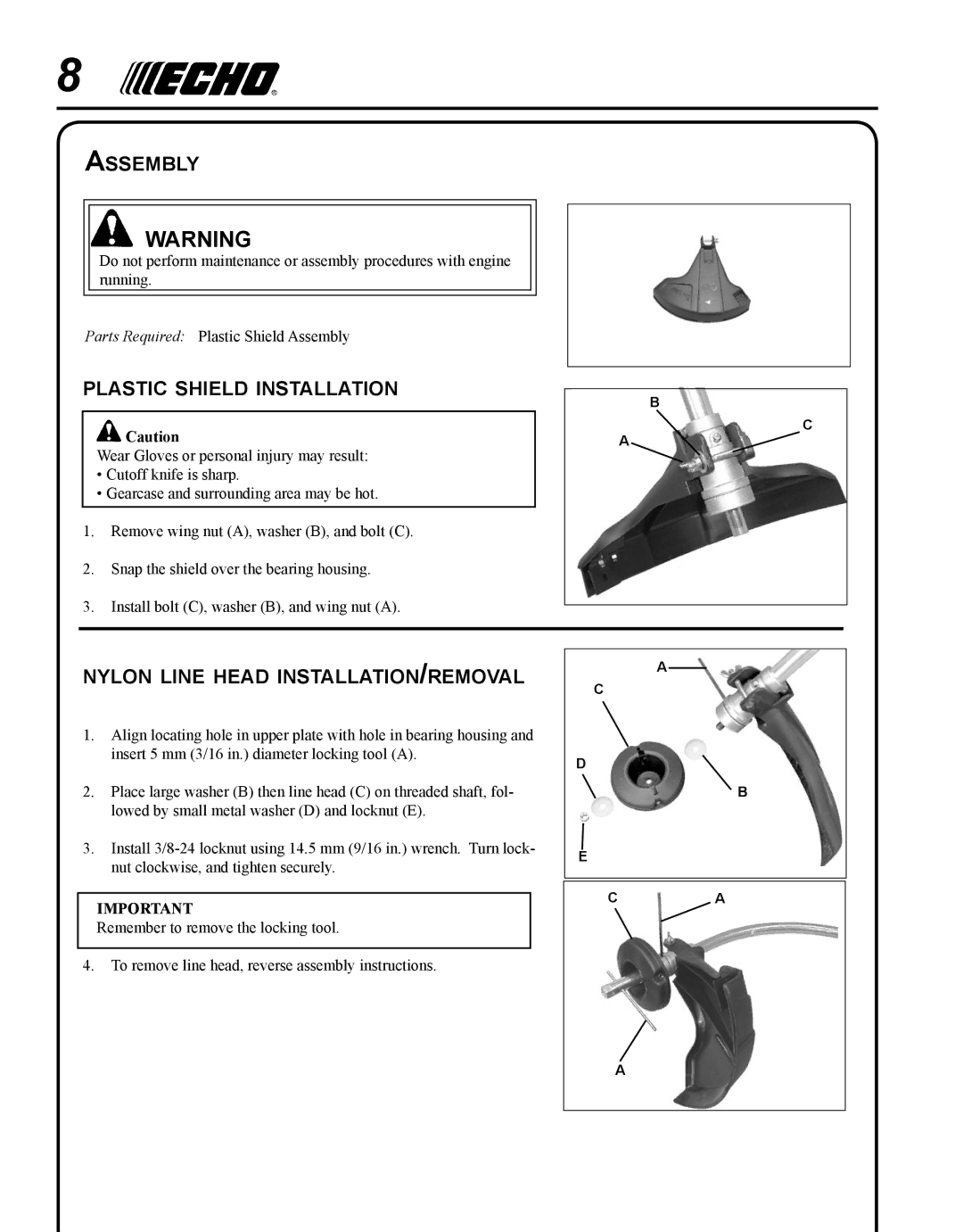 Echo 99944200615 manual Assembly, Plastic shield installation, Nylon line head installation/removal 