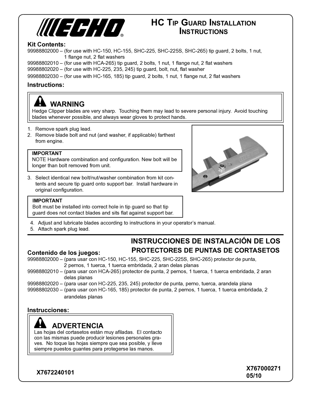 Echo X7672240101, 99988802010 installation instructions Advertencia, HC Tip Guard Installation Instructions 