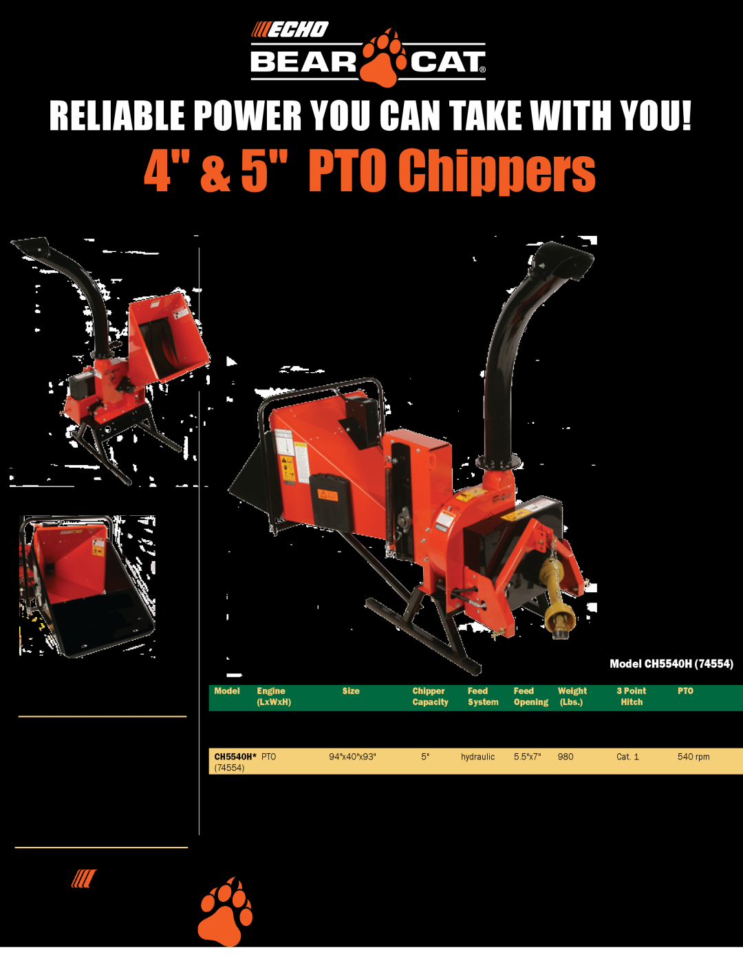 Echo Bear Cat CH4540* manual Find a dealer near you, 4 & 5 PTO Chippers, Reliable power you can take with you, Model, Size 