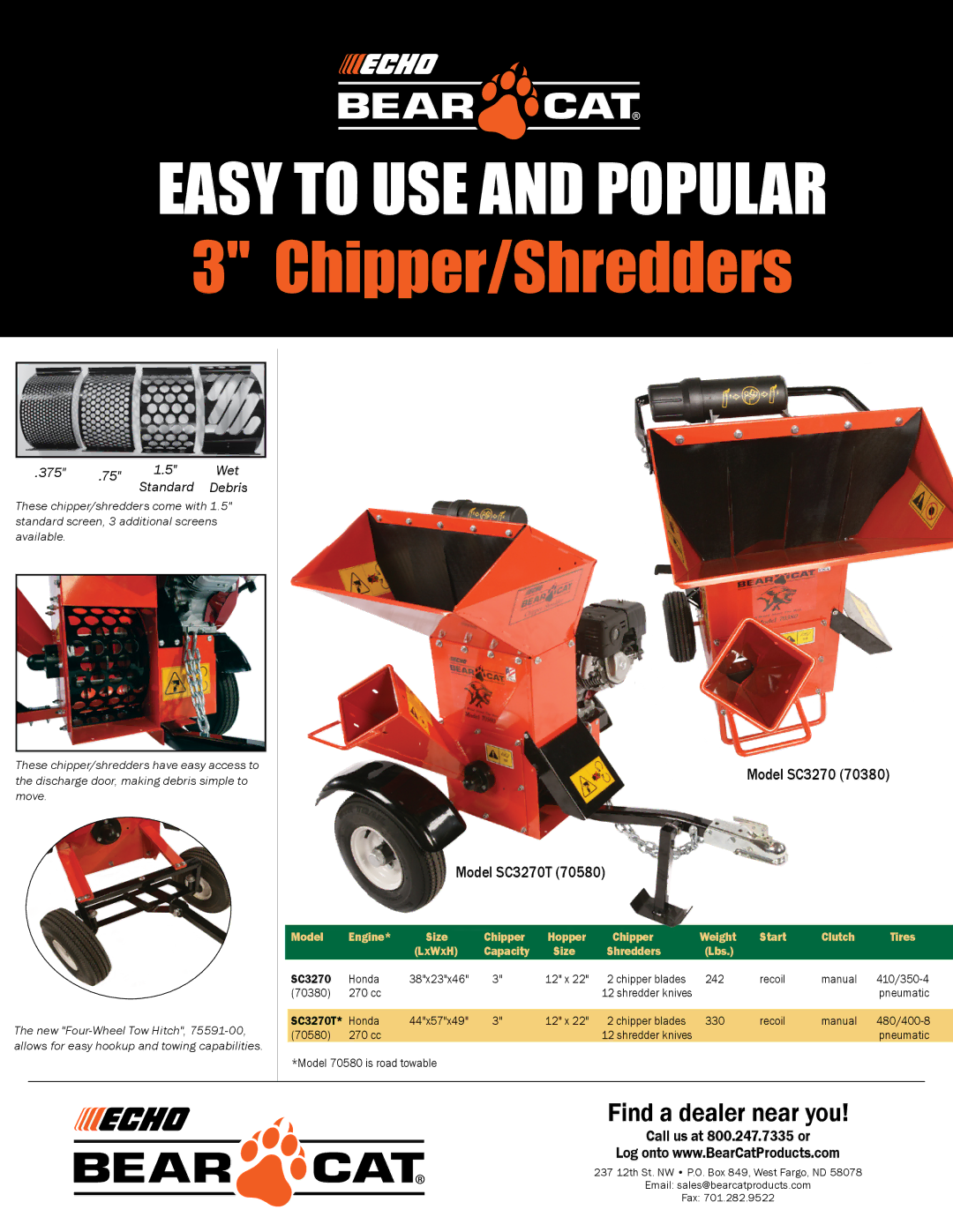 Echo Bear Cat SC3270T (70580), SC3270 (70380) manual Product Name Specs, Chipper/Shredders 