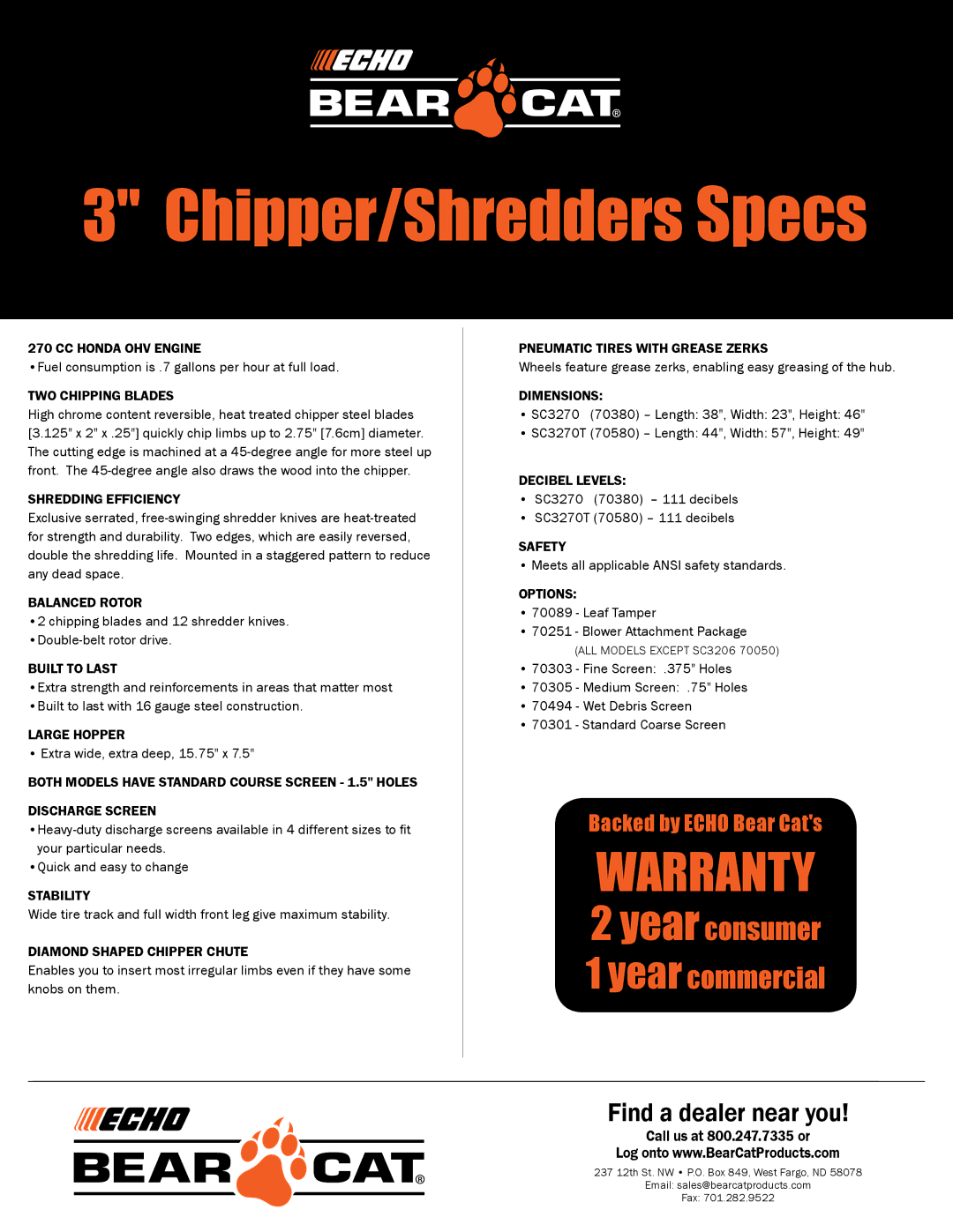 Echo Bear Cat SC3270 (70380), SC3270T (70580) manual Chipper/Shredders Specs 