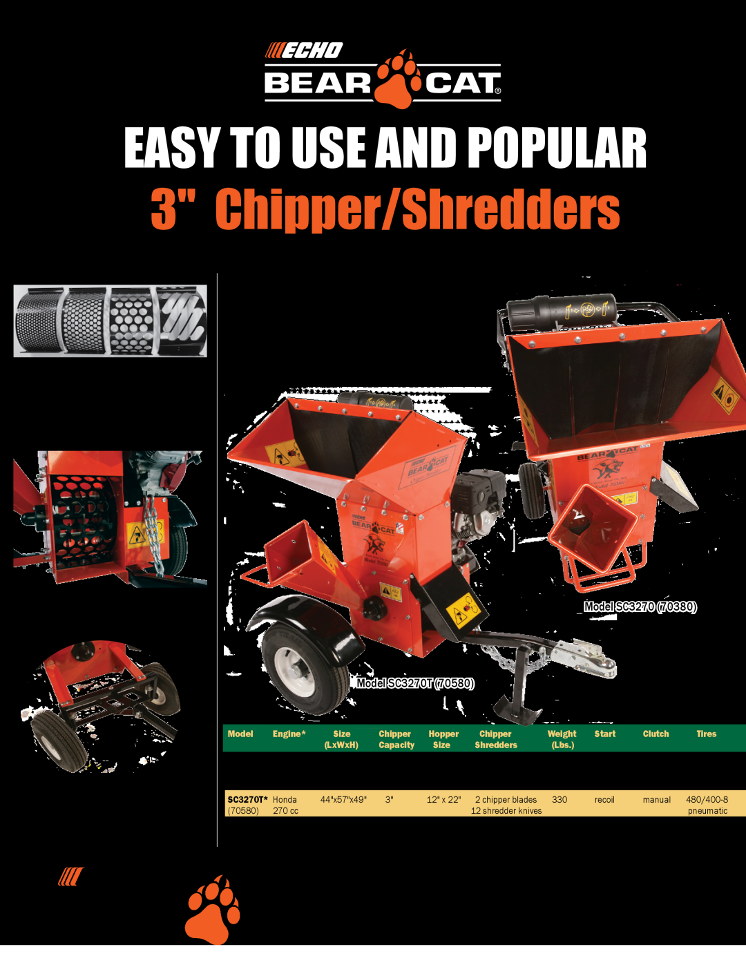Echo Bear Cat SC3270T (70580) manual Chipper/Shredders, Find a dealer near you, Call us at 800.247.7335 or, Model, Engine 