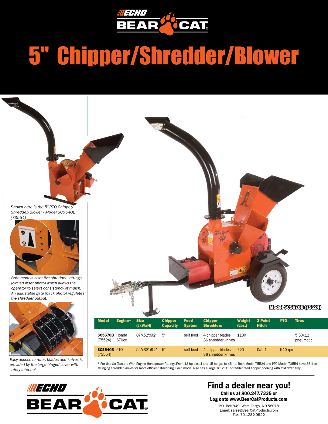 Echo Bear Cat SC5670B (75524) manual Chipper/Shredder/Blower, Model Engine Size Chipper Feed Weight Point, Pto, Tires 