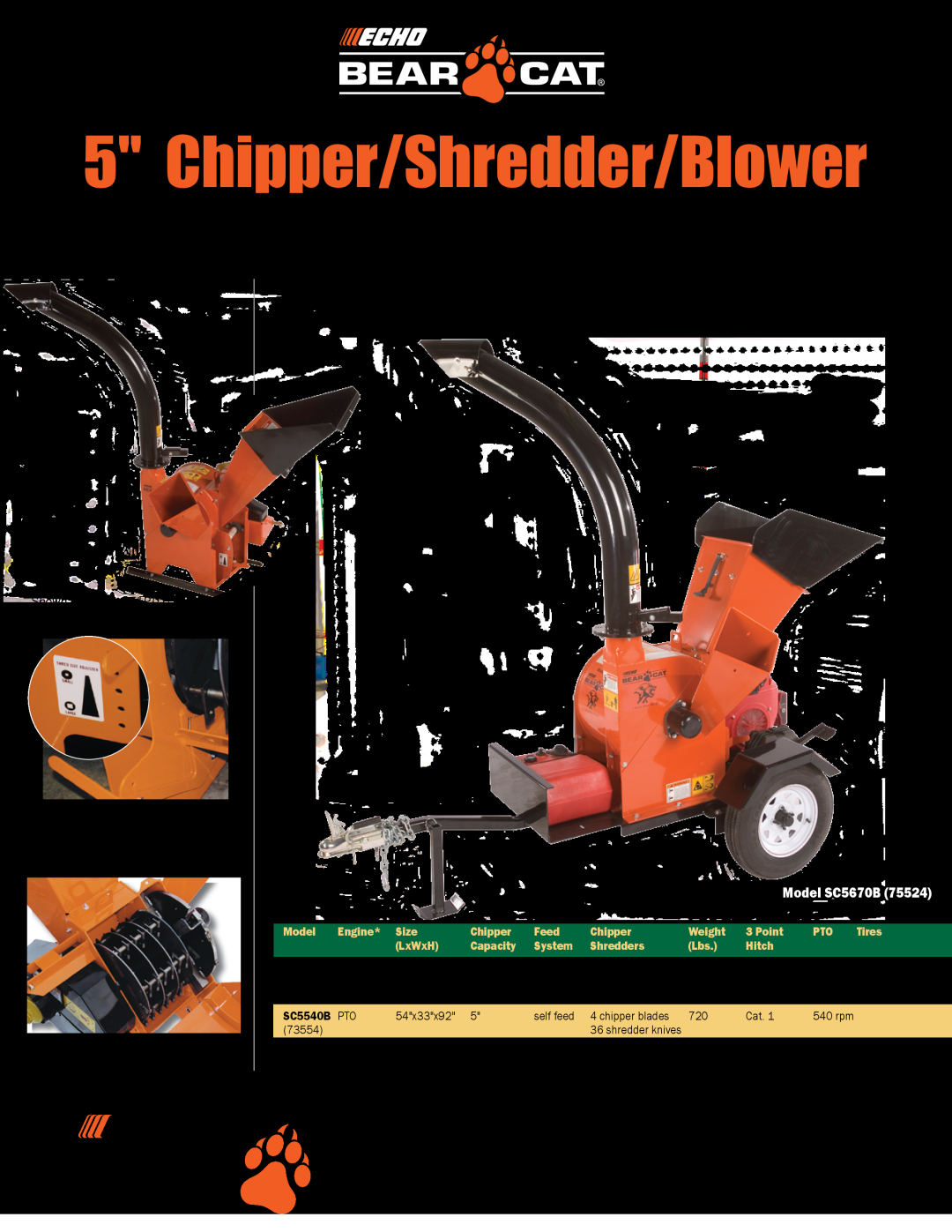 Echo Bear Cat SC5670B (75524) manual Chipper/Shredder/Blower, Find a dealer near you, Call us at 800.247.7335 or, Model 