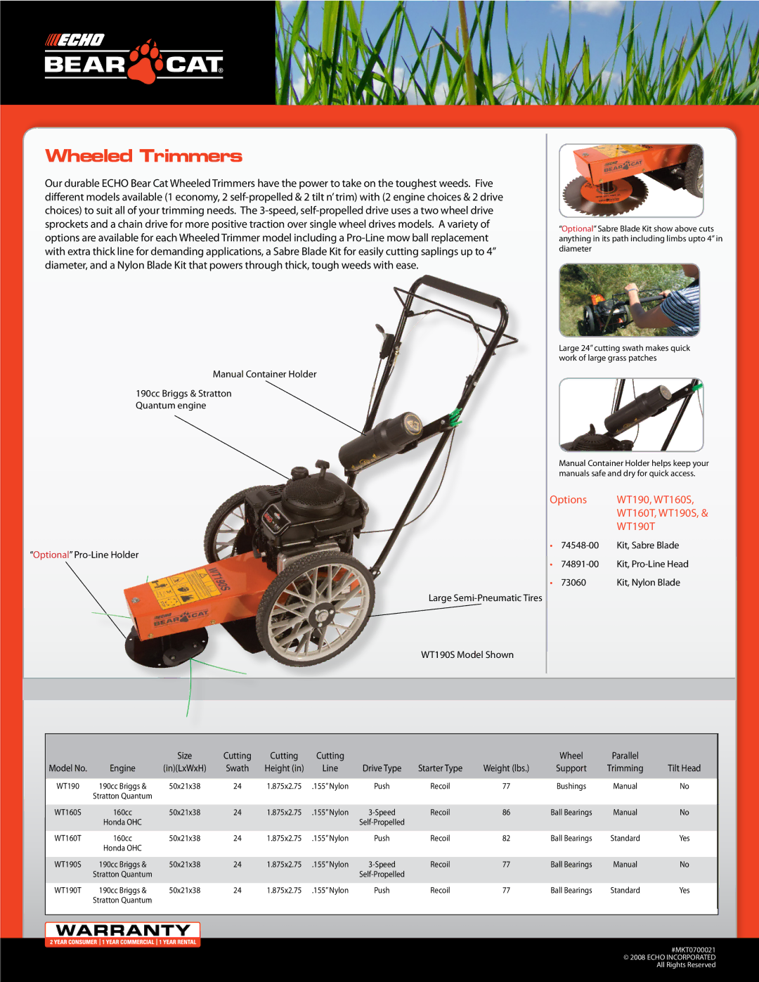 Echo Bear Cat manual Wheeled Trimmers, Options WT190, WT160S, WT160T, WT190S, & WT190T 