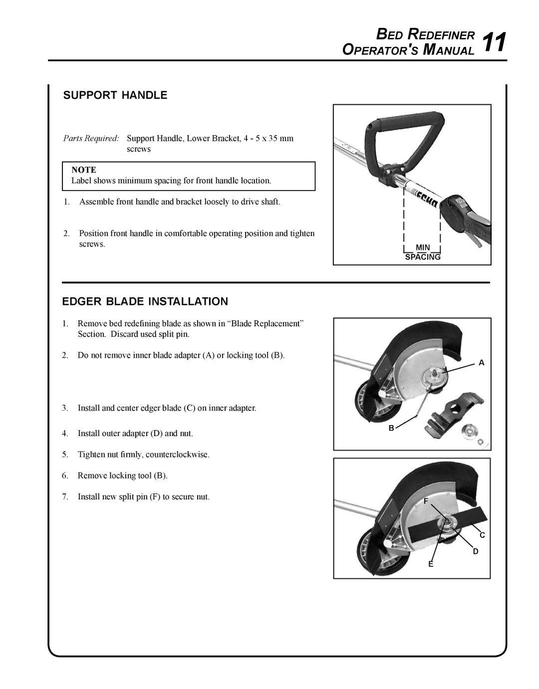 Echo BRD-280 manual Support handle, Edger blade installation 