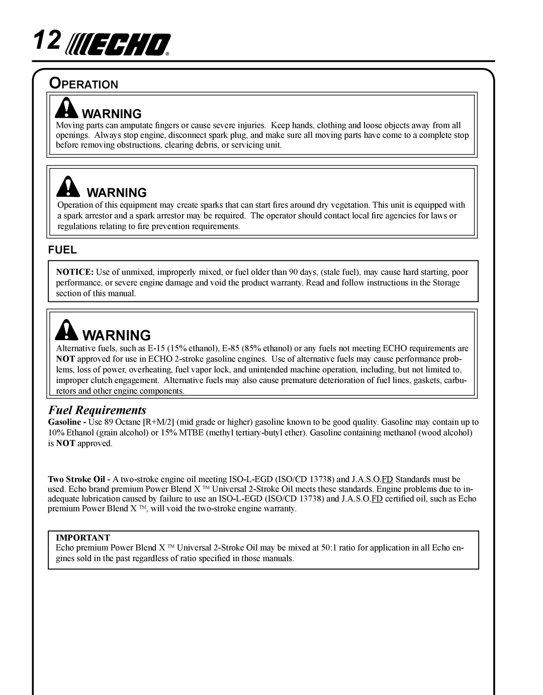 Echo BRD-280 manual Fuel Requirements, Operation 