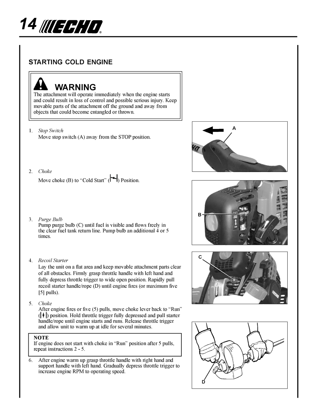 Echo BRD-280 manual Starting cold engine, Purge Bulb 