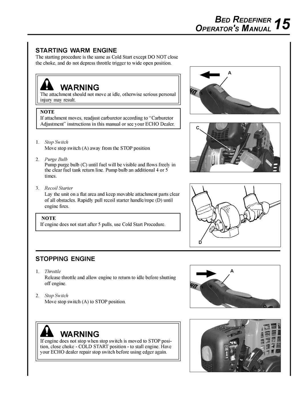 Echo BRD-280 manual Starting warm engine, Stopping engine 