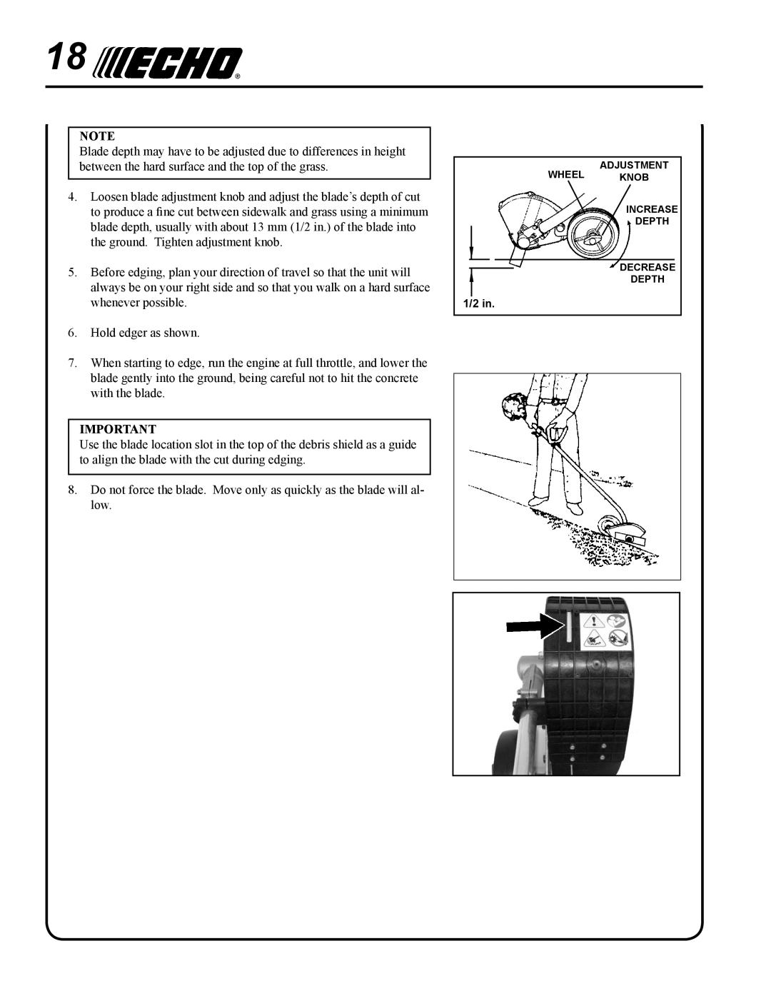 Echo BRD-280 manual Wheel Adjustment Knob Increase Depth Decrease 