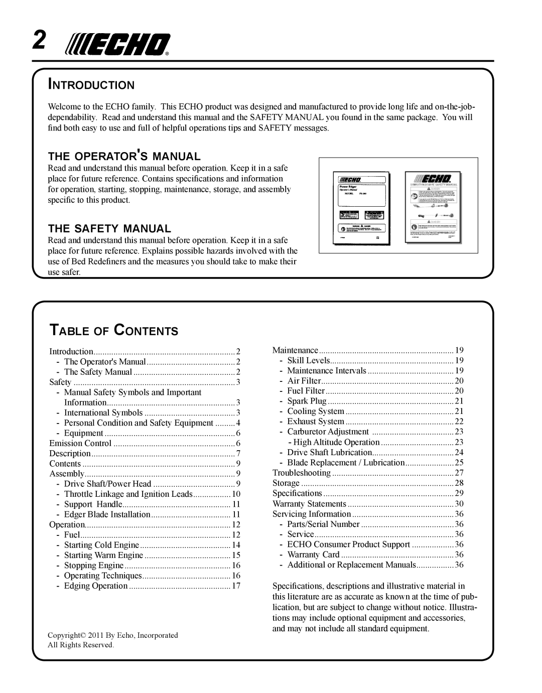 Echo BRD-280 Introduction, Operators manual, Safety manual, Table of Contents 