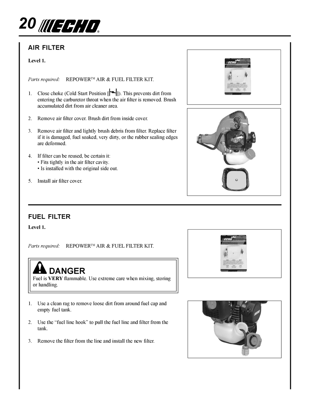 Echo BRD-280 manual Air filter, Fuel filter 