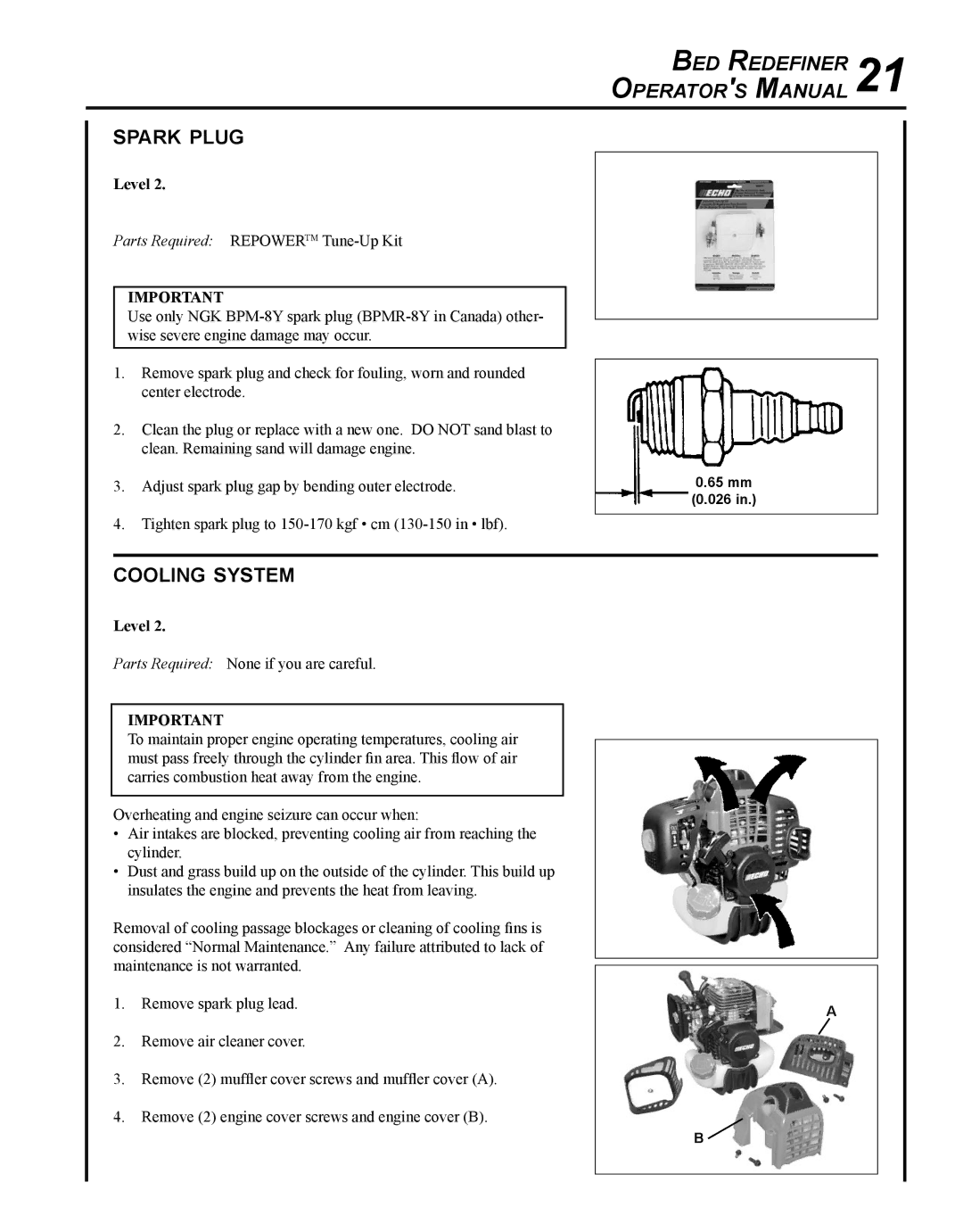 Echo BRD-280 manual Spark plug, Cooling system 