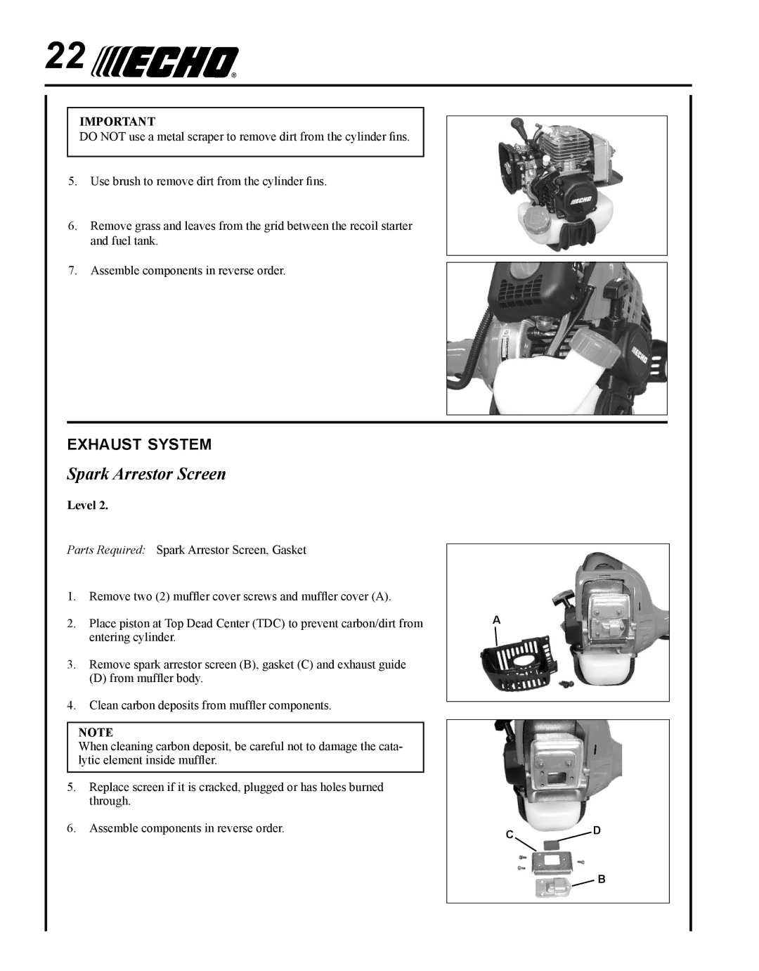Echo BRD-280 manual Spark Arrestor Screen, Exhaust system 
